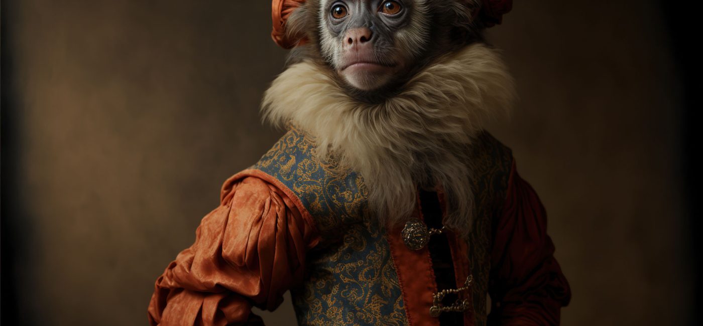 Created with Generative AI technology. portrait of a monkey in renaissance clothing